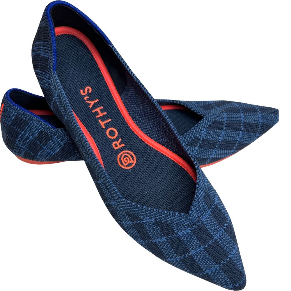 Rothy's Navy Blue Plaid Pointed Flats with Coral Trim